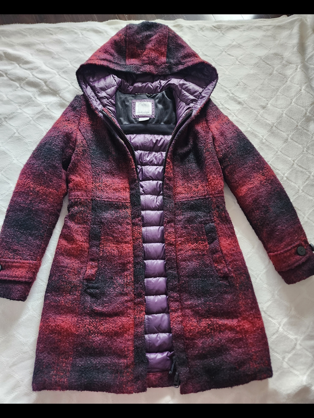 Geox Women’s Hooded Wool-Blend Coat with Quilted Lining - Red/Purple